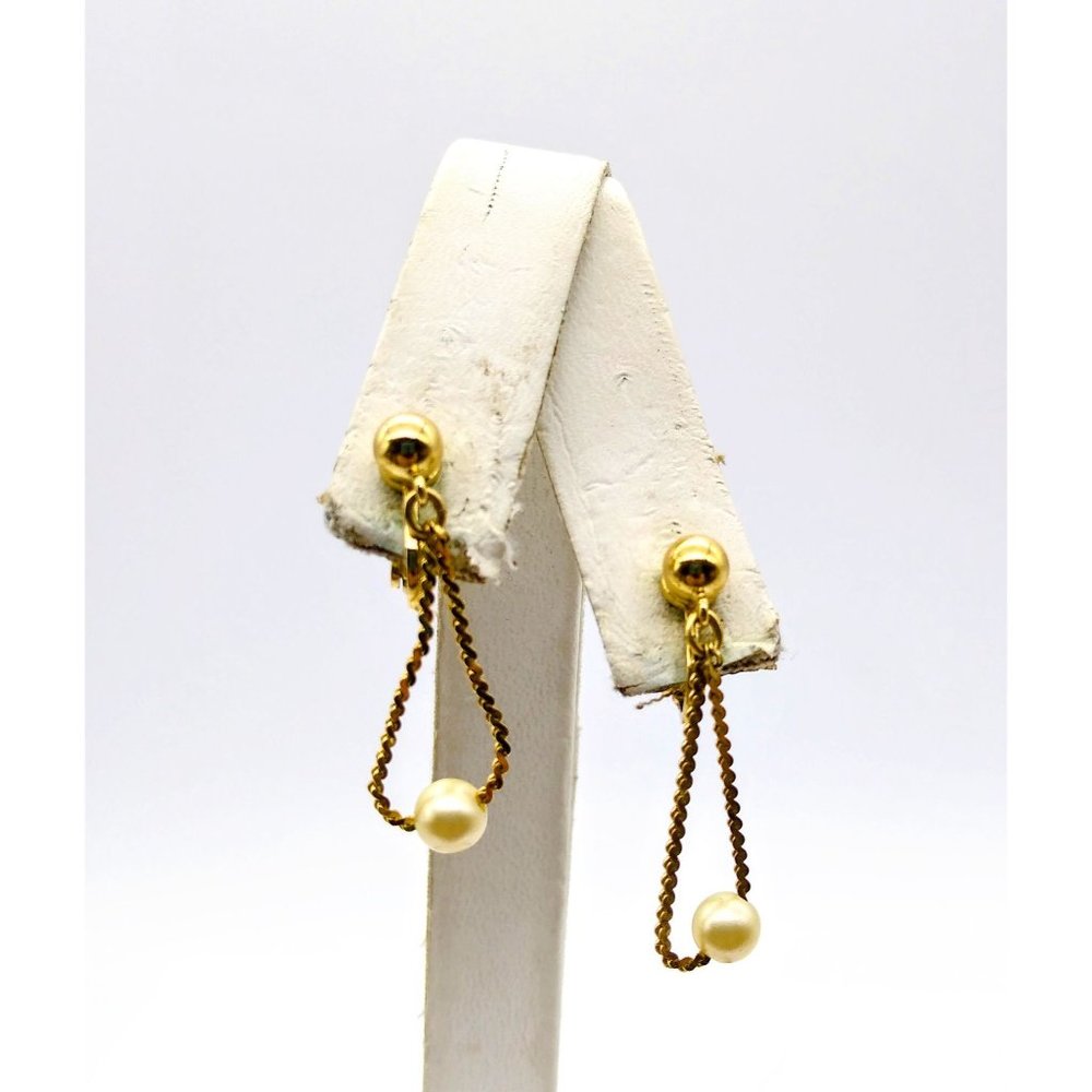 Vintage Crown Trifari Pearl Drop Earrings, Chic Gold Tone Dainty Chain Clip On